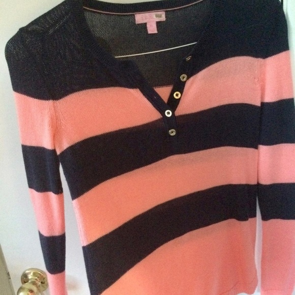 Lilly Pulitzer striped henley sweater pink and navy - Picture 2 of 4